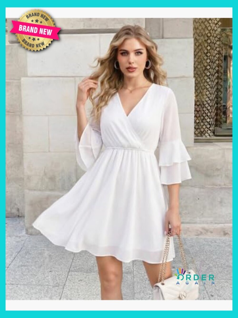 3/4 Ruffle Sleeve Flowy Chiffon A-Line Dress V-Neck Wrap Midi Dress - Picture 4 of 7